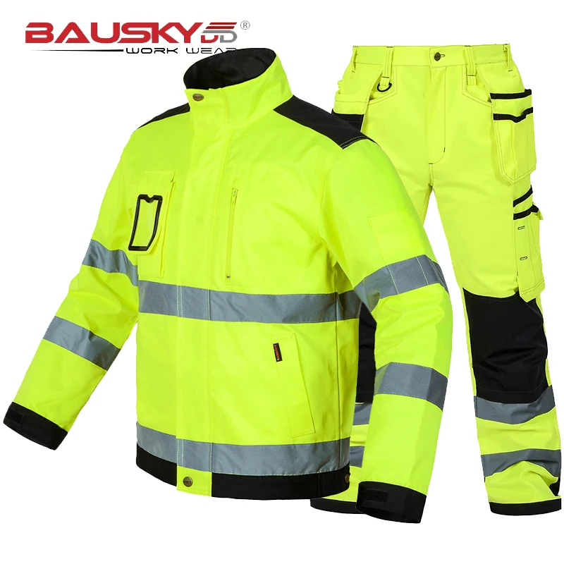 Work Suit for Construction Reflector Hi Vis Jacket and Pants Set Multi Pockets Workwear Pants with Knee Pads