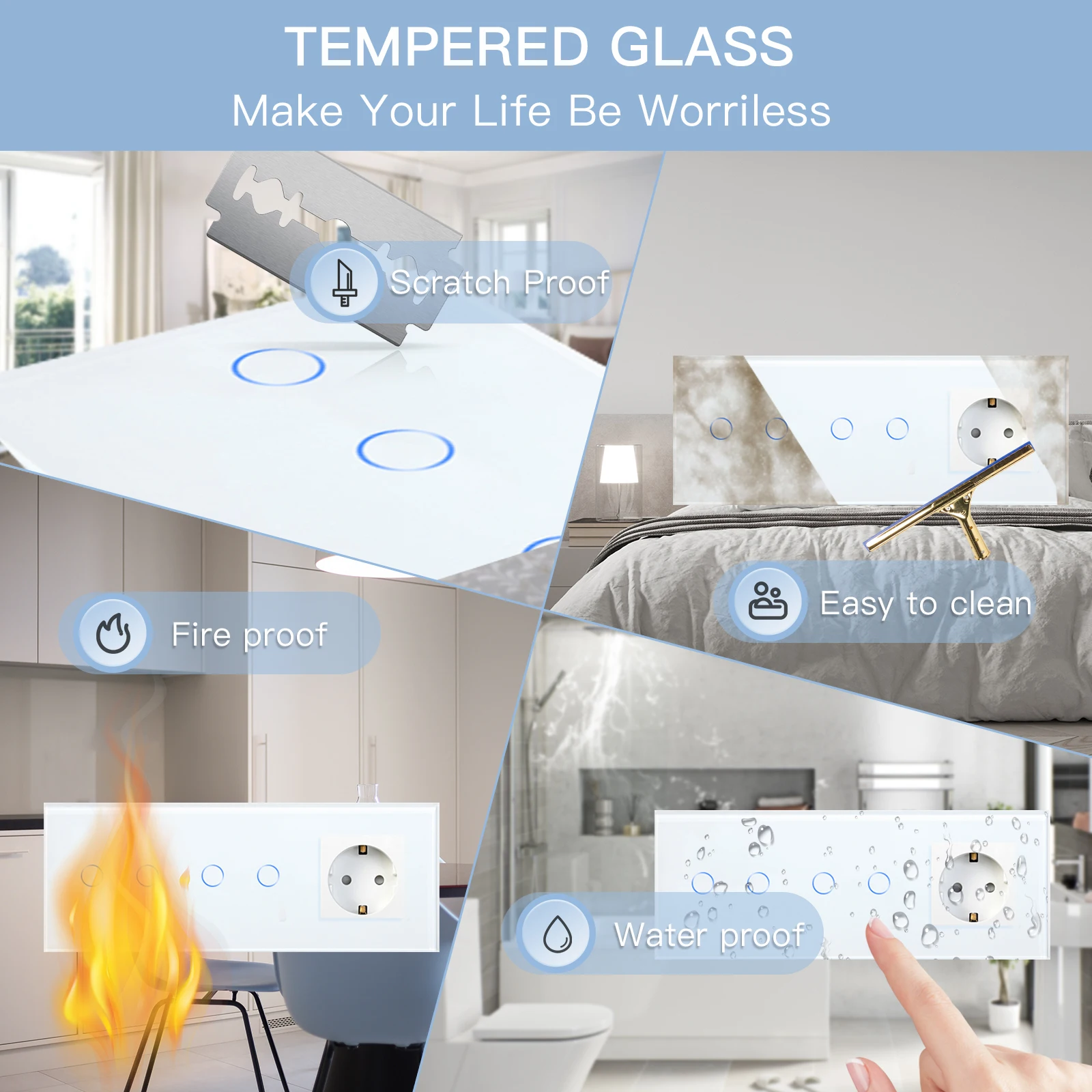 BSEED Doppio Touch Wall Switch 1/2/3Gang 1Way LED Interruttori Della Luce Più Prese di Tipo di Socket-C USB UE Pannello di Vetro Blu