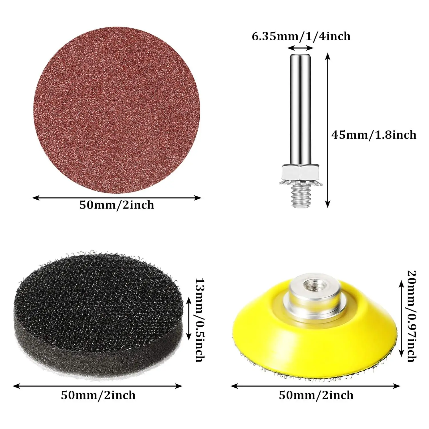 Dischi abrasivi con gancio e anello da 2 pollici 304/324/429 pezzi assortiti grana 40-3000 #   con cuscinetto con gambo tondo da 1/4" per la molatura del legno