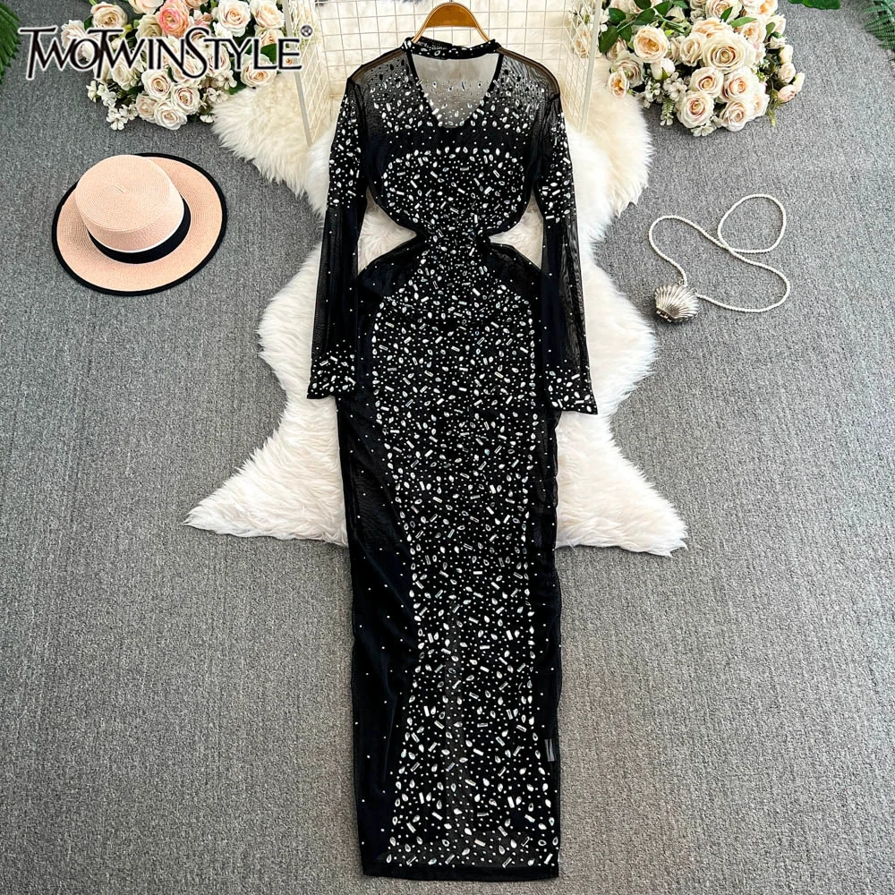 TWOTWINSTYLE Sexy Patchwork Diamonds Dress For Women Round Neck Long Sleeve High Waist Slimming Dresses Female Style KDR515651