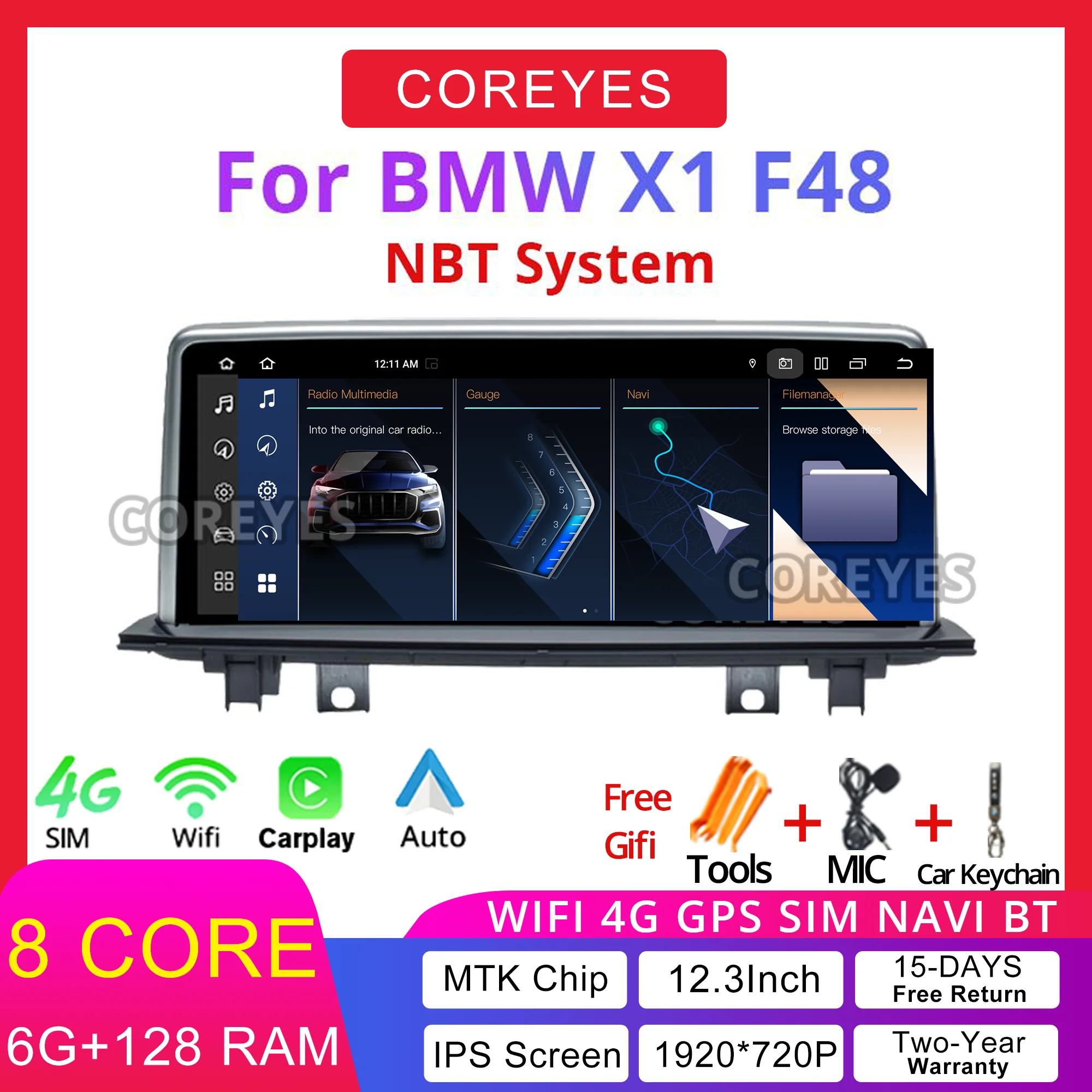 

COREYES 10.25 Inch 6G+128G For BMW X1 F48 NBT 2016-2017 Car Radio Carplay Android Auto Stereo Multimedia Player GPS Android 12.0