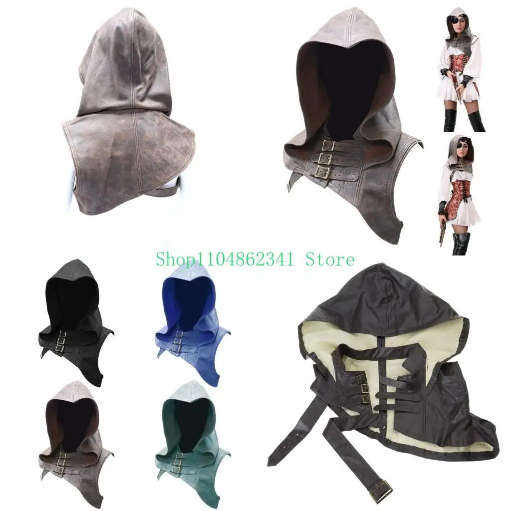

5asd Adjustable Medieval Gothic Cowl Hat Faux Leather Steampunk Hooded Cloak Cape for Men and Women Cosplay Costume Accessory