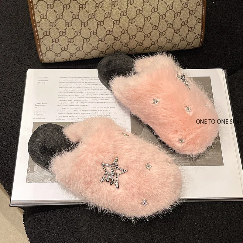 Women Winter Home Fur Slippers Cartoon Cat Non-Slip Soft Warm House Indoor Bedroom Men Couples Boys Girl Memory Foam Floor Shoes
