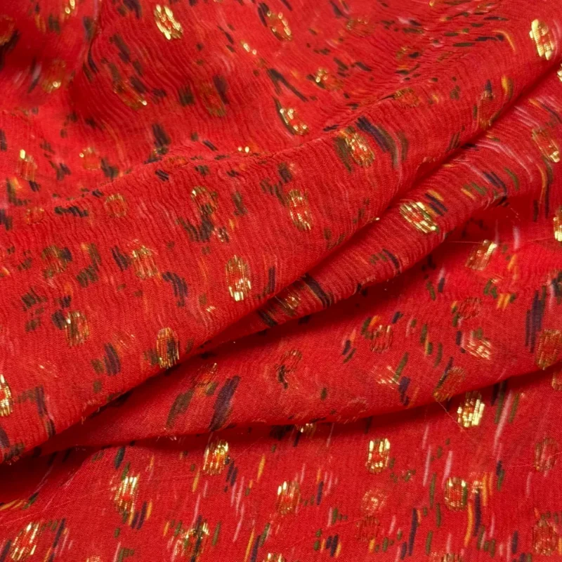 

100%Mulberry Silk Fabric Orange Red Dots Gold Thread Breathable Hanfu Dress Skirt Fashion Handmade DIY Home Sewing Material
