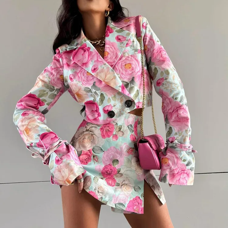 

Printed Short Jacket Split Mini Skirt Woman Set Lapel Long Sleeves Button Up Coat High Waist Skirts Fashion Women's Color Suits