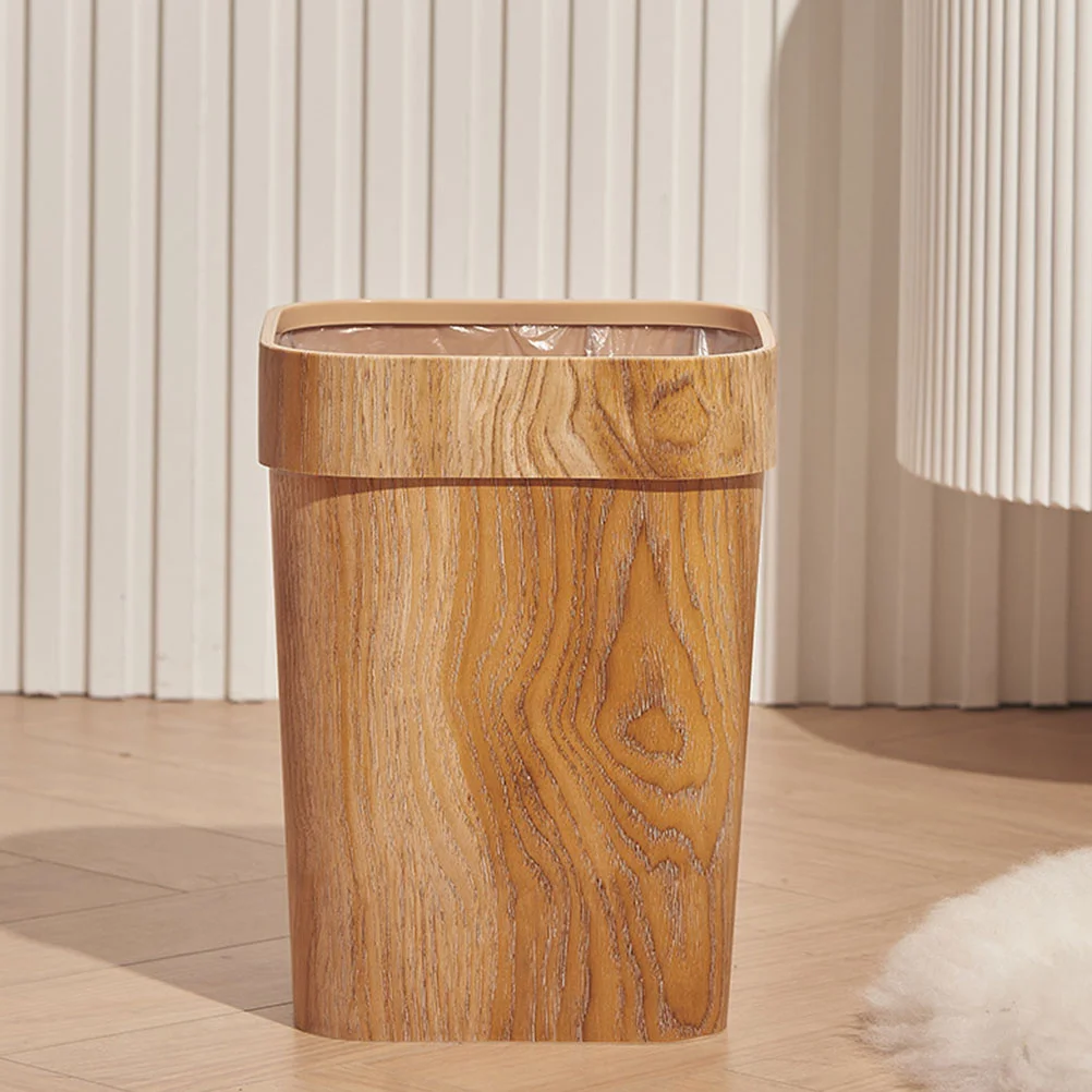 Outdoor Trash Can Imitation Wood Grain Garbage Container Small Rubbish Home Office Plastic Chocolate Bathroom