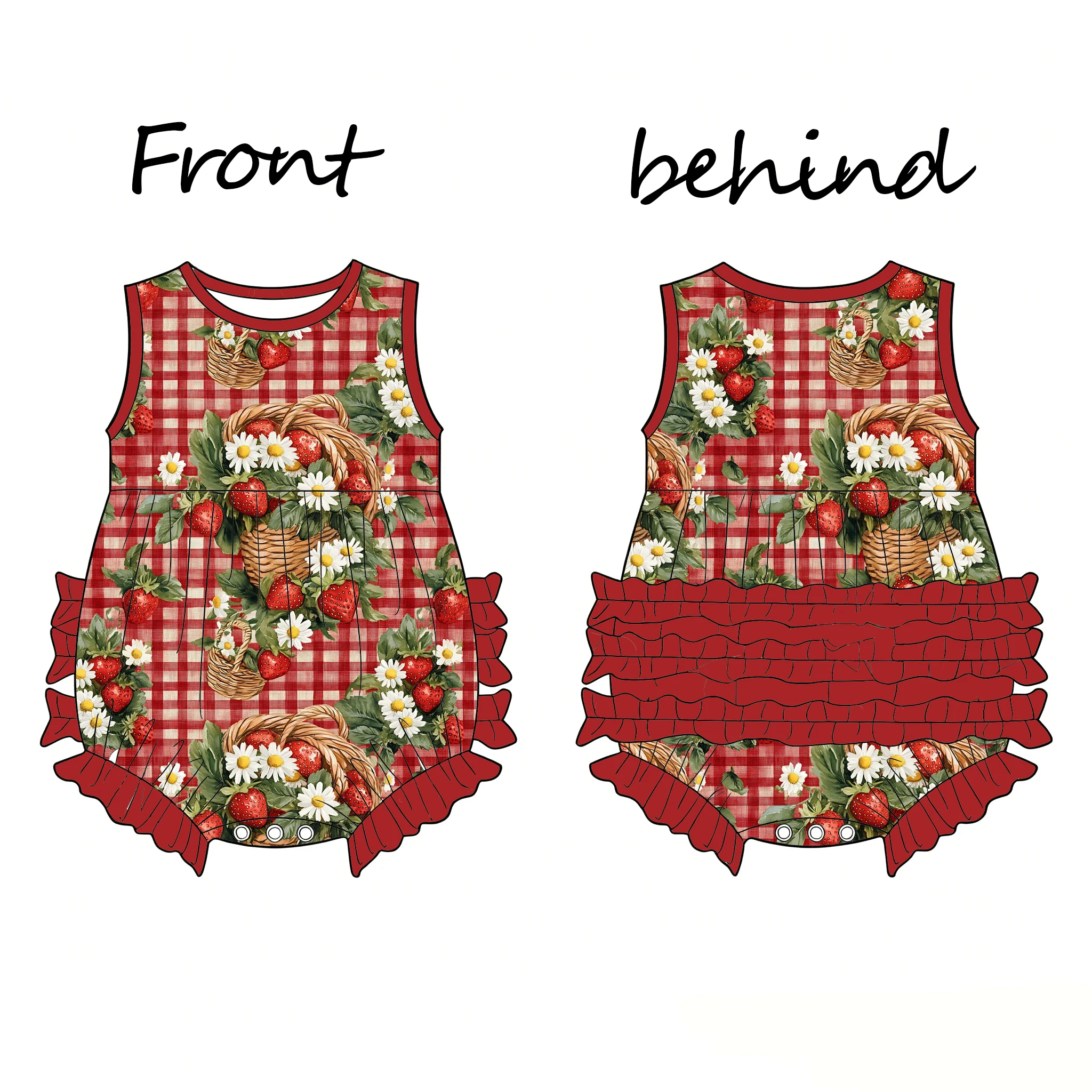 Boutique children's romper round neck sleeveless back 3-layer ruffle design snap fruit and flower print custom wholesale availab