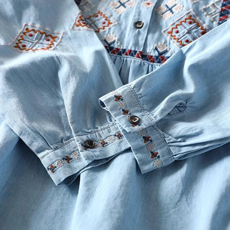 100% Cotton Women Casual Blouse Shirt New 2025 Spring Vintage Style Floral Embroidery Loose Female Long Sleeve Tops Shirts M531