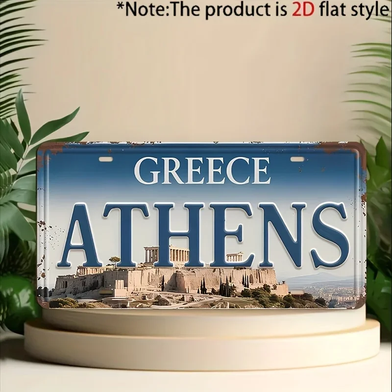Historic Landmark Retro Wall Art Aluminum Sign, 2D Flat Athens Greece Acropolis, Decor for Garage, Man Cave & Home Bar