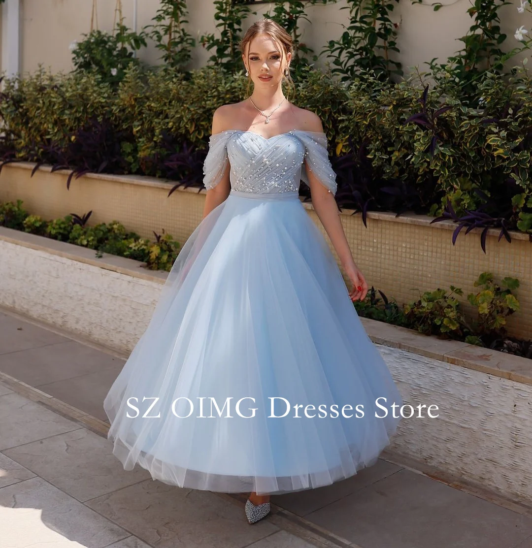 

Colavis 2024 New Women's Maxi Tulle Off the Shoulder A-Line Evening Party Dress Pearls Sky Blue Ruched Prom Dress Gowns