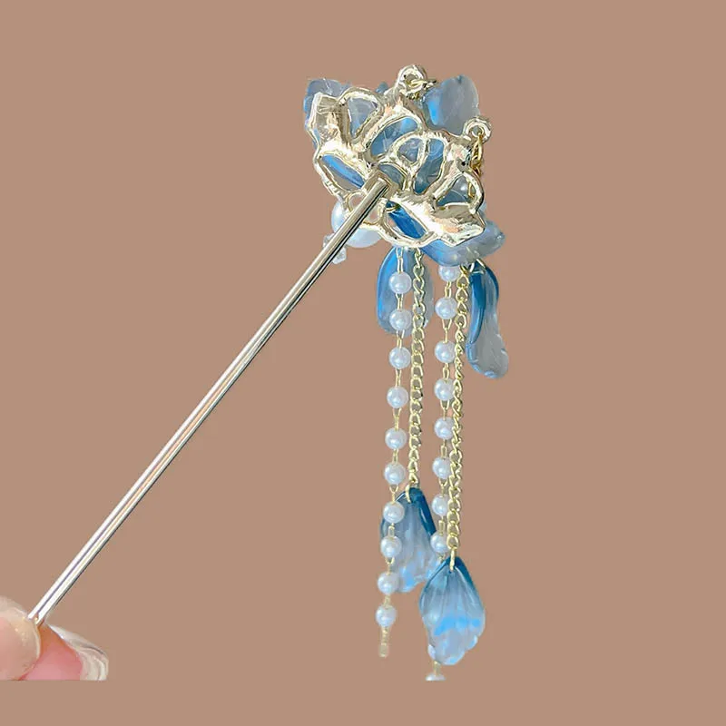 

New Chinese-style horse face skirt, flower hairpin, ancient-style pearl tassel hair accessory, female hairpin and hairpin