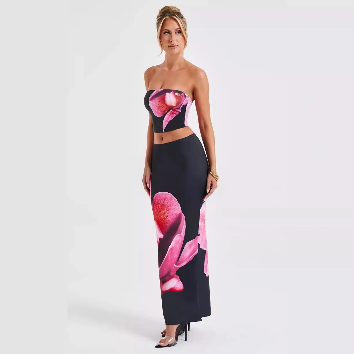 

2025 Spring And Summer New European And American Style Women's Fashion Strapless Printed Vest Slim-fit Hip Skirt Suit