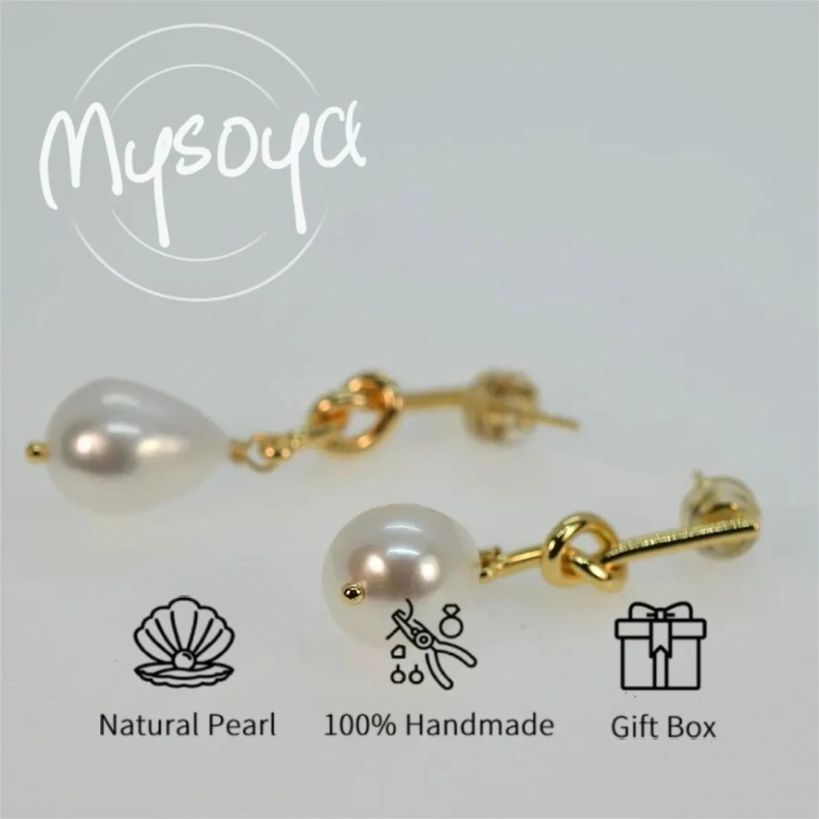 

MYSOYA 10-11mm Large Natural White Freshwater Pearl Knot Earrings With Gift Box Birthday Wedding Anniversary Gift