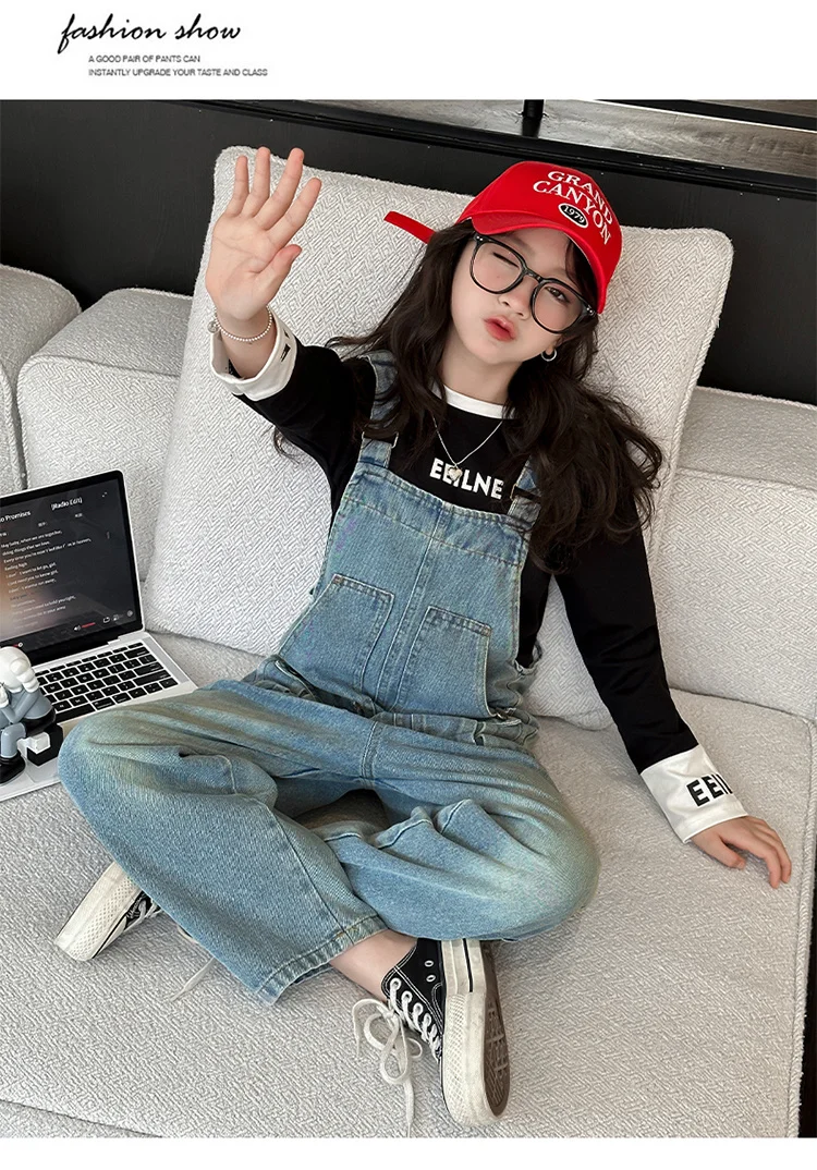 Frühlings- und Herbst-Kinder-Jumpsuit mit Tasche für Mädchen, Jeans-Latzhose, Kinder-Mädchen-Denim-Overalls für Teenager, Latzhose – Detail 6