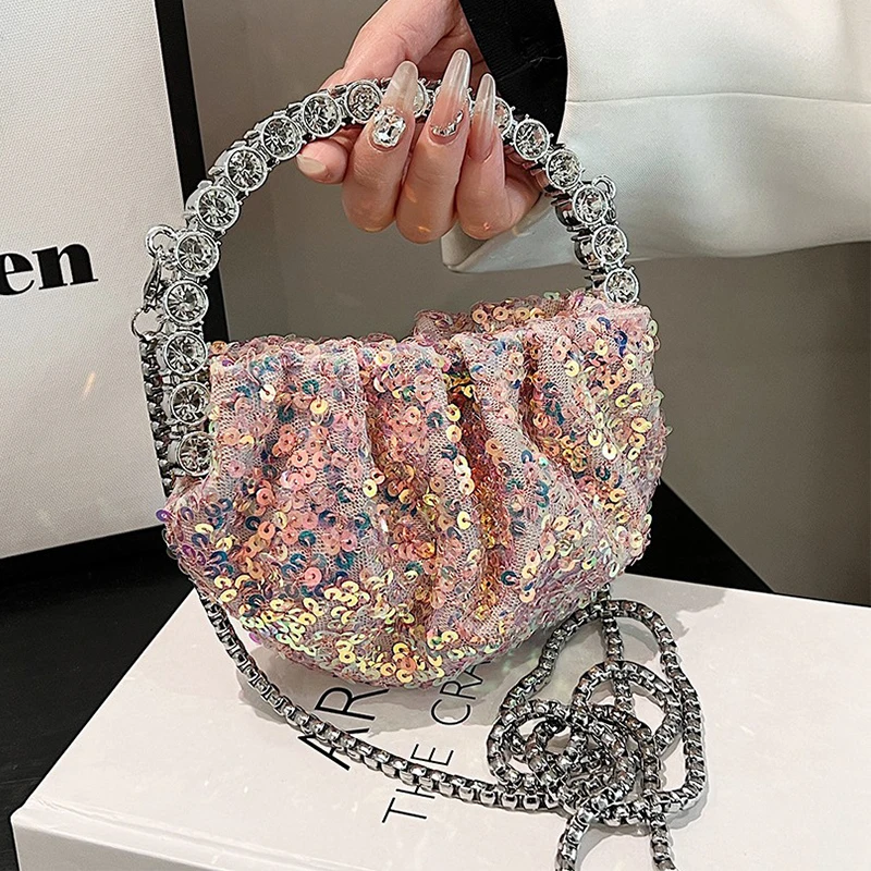 Sequins Pleated Clutch Handbag Bling Women Diamond Top Handle Wedding Party Purse Crossbody Shoulder Ladies Tote Bags Wallet