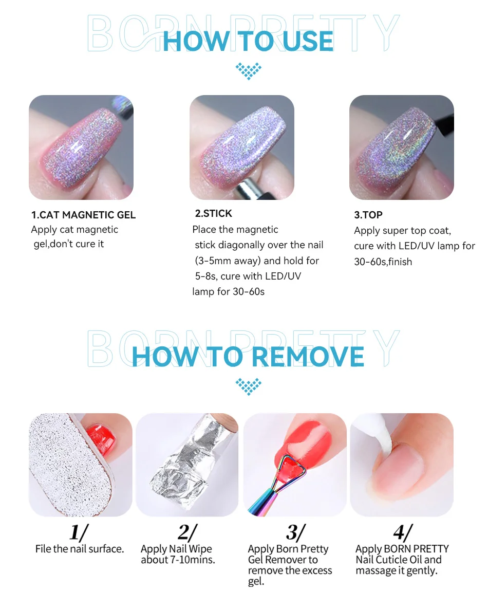 BORN PRETTY 10 ml blauer Wasser-Licht-Katze-Magnet-Gel-Nagellack, ultraglanz, glitzernd, Soak Off UV-Gel, Maniküre, Nagelkunst-Lack – Detail 4