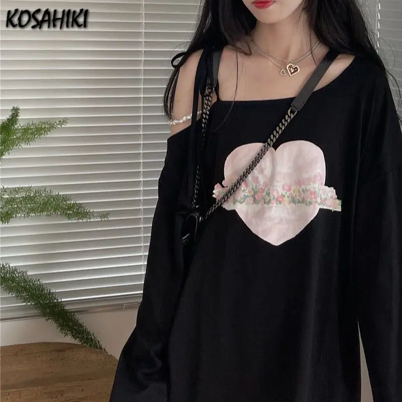 KOSAHIKI Off Shoulder T Shirts Women Bandage Letter Heart Printed Autumn 2024 New Loose Long Sleeve Sexy Korean Chic T-skirt