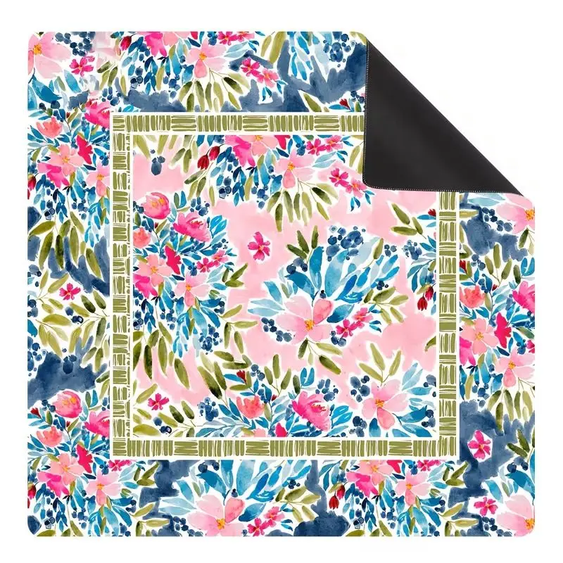 Watercolor Pink Blue Flower Mahjong Table Mat Anti-Slip Noise Reduction for Card Game Table Playing Room Home Decor