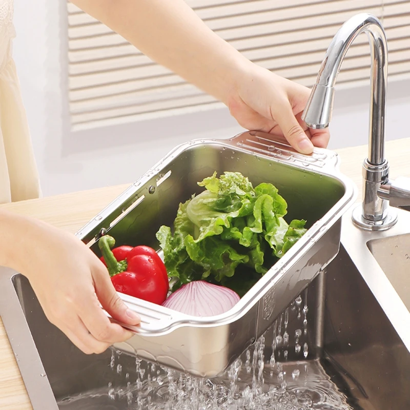 K1KA Expandable Dish Drying Rack Retractable Drain Basket Stainless Steel Sink Organizer for Vegetable, Fruit, Tableware