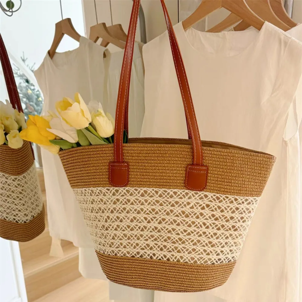 

Fashion Straw Woven Tote Bag Square Stripe Woven Shoulder Bag Large Capacity Underarm Bag Vacation Beach Bag Women's Handbags