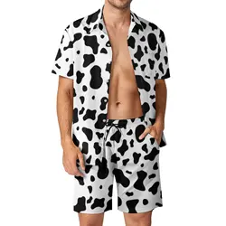 Fashion Black White Cow 3D Print Men Shirt Sets Short Sleeve Shirt Oversized Beach Shorts Streetwear Hawaiian Suits Clothes