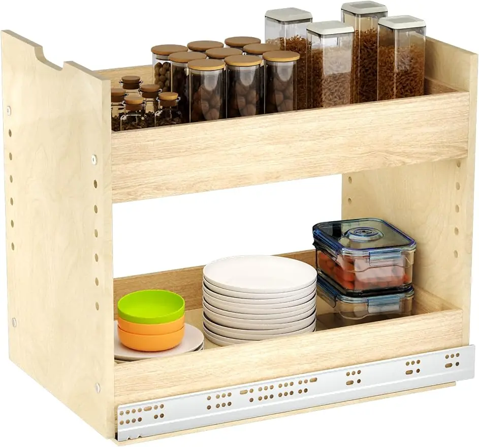 LOVMOR Pull Out Cabinet Organizer 13½” W x 18½”H with 2 Adjustable Shelves for Storage and Organizing, Kitchen Cabinets Organize