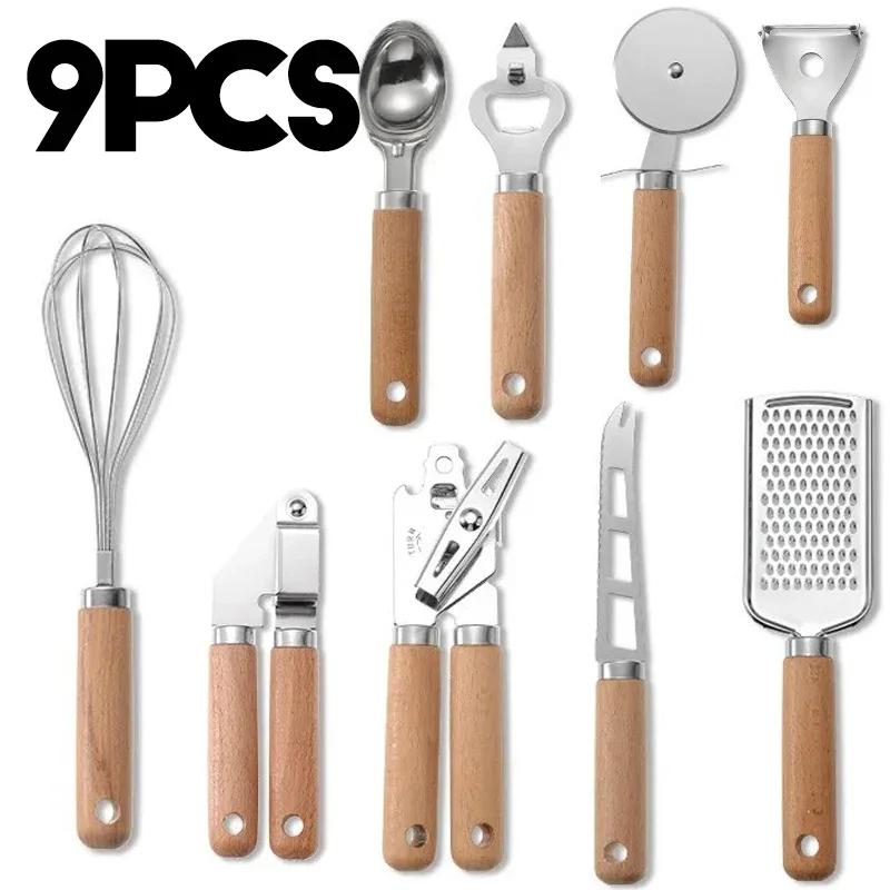 9pcs Cooking Utensils Set  Wooden Handle Can Opener Baking Pizza Peeler Egg Beater Cheese Knife Ice Cream Spoon Kitchen Gadget