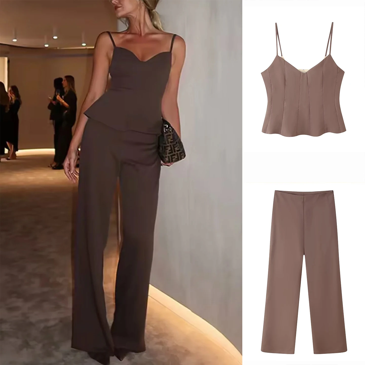 Setelan Fashion Dua Potong Wanita Musim Panas, Atasan V-neck Slim Fit dan Celana Panjang Kasual High Waist Straight Leg