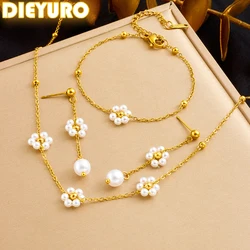 DIEYURO 316L Stainless Steel Pearl Splicing Flowers Necklace Earrings Bracelet Set For Women Girl New Fashion Trend Jewelry Gift