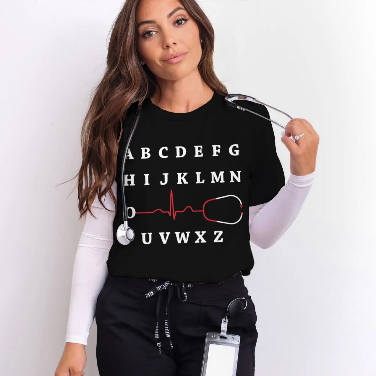 Nurse PQRST Alphabet Heartbeat Stethoscope Print T-shirt Women Men Short Sleeve Nurse Medical Staff Tshirts Gifts