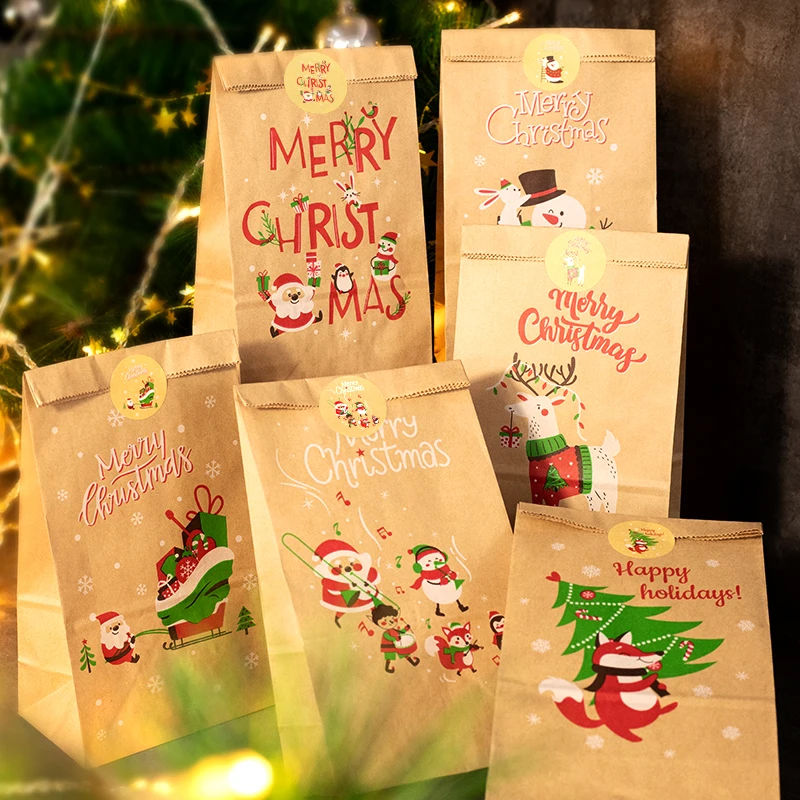 24 Sets Vintage Weihnachtsgeschenktüten Weihnachtsmann Schneemann Kraftpapiertüte mit Aufklebern Urlaub Weihnachten Partybevorzugung Verpackungszubehör – Detail 3