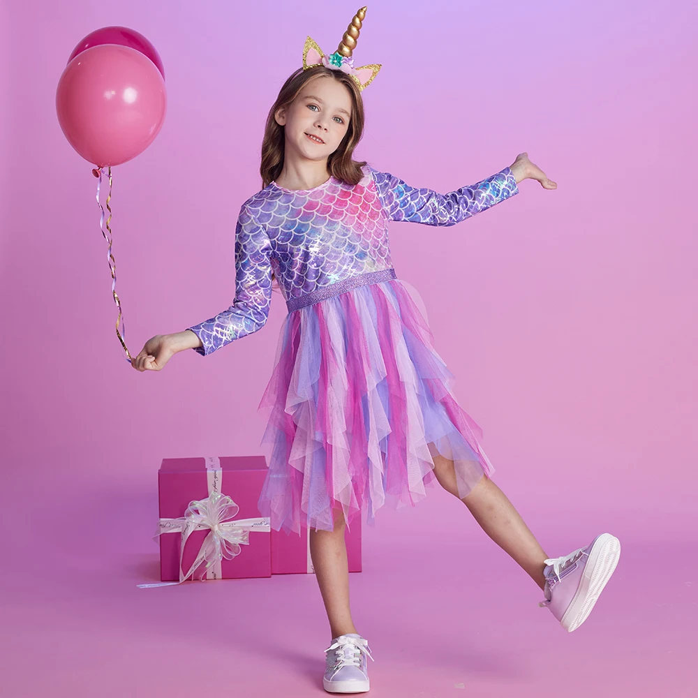 DXTON Autumn Princess Dress Mermaid Children Birthday Party Girls Dress Irregular Layered Prom Kids Long Sleeve Costumes 3-8Y image 2