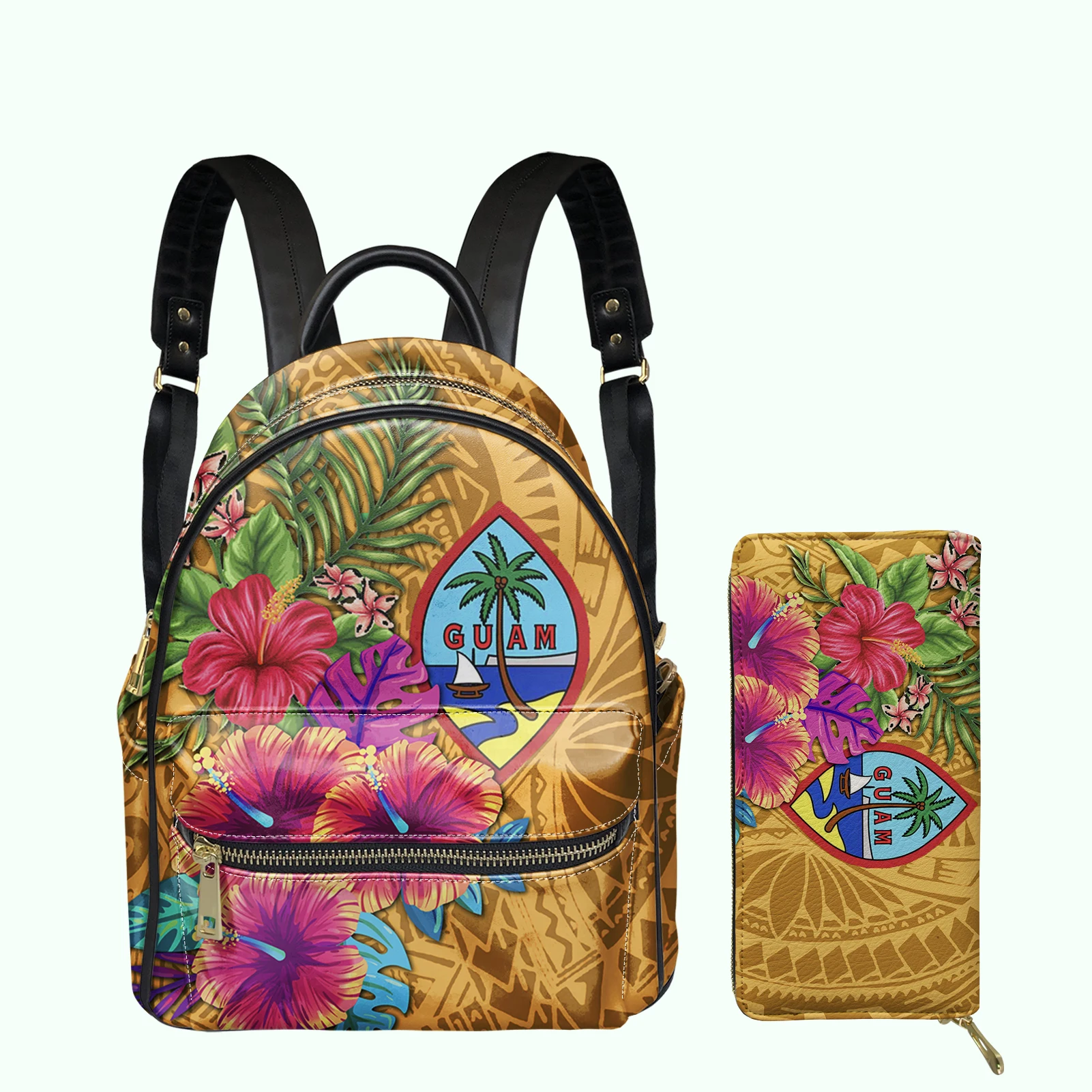 

Guam Tropical Plumeria and Hibiscus Design 2Pcs/Set Backpack for Women Mini Daily Bag with Clutch Wallet Girl's Small Schoolbag