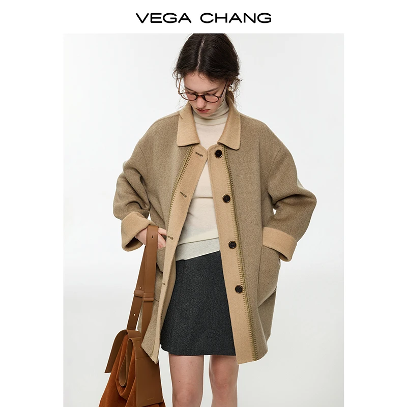 ملابس خارجية نسائية شتوية جديدة من Vega Chang ملابس خارجية صوفية قصيرة [صوف 100%]