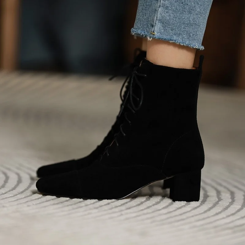 Modern Women\'s Ankle Boots Winter Shoes Thick Heel Woman Boots Simple Style Women Shoes On Heel Kid Suede French Retro Shoes