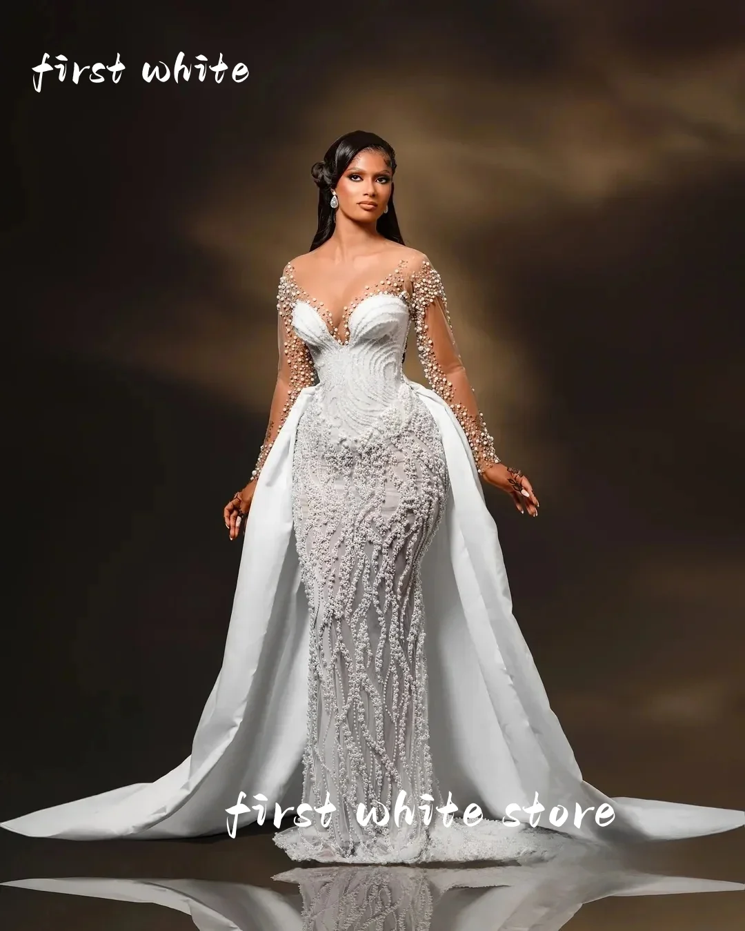 Customized Sparkly Beads Rhinestones Wedding Dress For Bride Robe De Mariée Long Sleeves Bridal Gown with Removable Skirt
