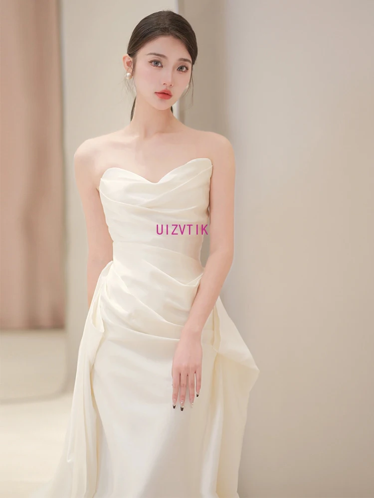 Простые корейские свадебные платья с открытыми плечами Белое атласное вечернее платье Вечернее платье 웨딩드레스 Свадебное платье для фотосессии на заказ