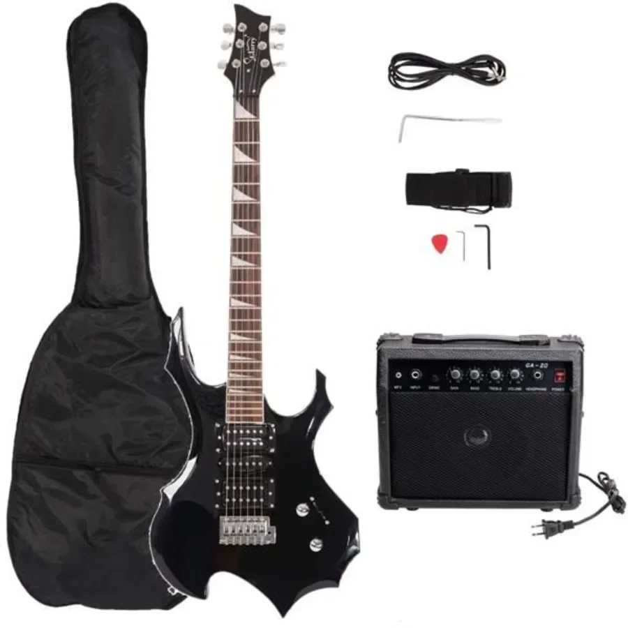 

Flame Shaped Electric Guitar with 20W Electric Guitar Sound HSH Pickup Novice Guitar Audio Bag Strap Picks Shake Cable Wrench T