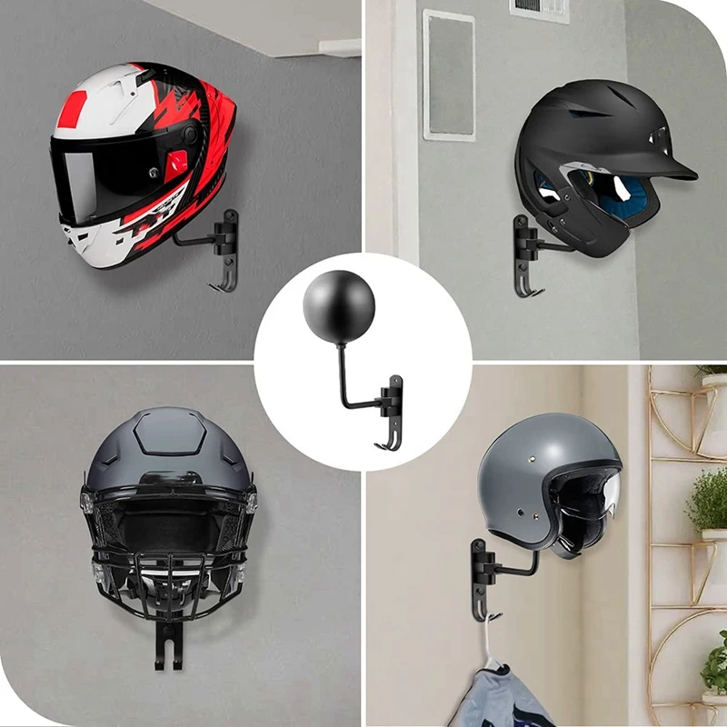 2X 180° Motorcycle Helmet Rack, Rotation Metal Helmet Holder Wall Mount, Helmet Holder Bike With 2 Hooks Helmet Hanger,1