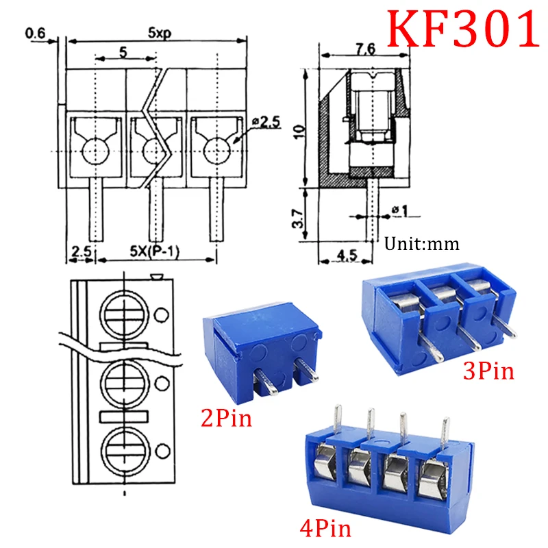 10Pcs KF301 2/3/4/5Pin Spliceable Plug-in Screw Wire Terminal Block KF301-2P KF301-3/4P Pitch 5.0mm Straight PCB Mount Connector