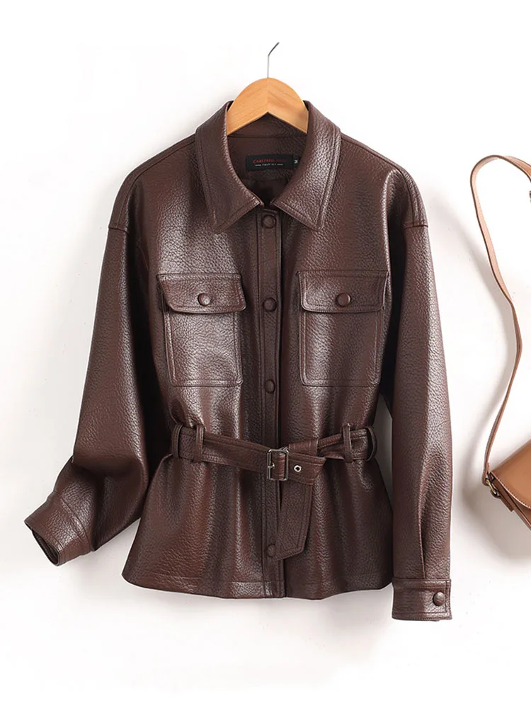 Frauen Kleidung Elegante Weibliche Leder Mantel Revers Gürtel Jacken Streetwear Schwarz Büro Dame 2025