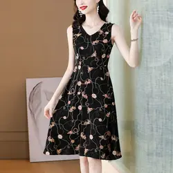 Stylish Vintage Printed Sundress Female Clothing Elegant Casual V-Neck Summer Commute Sleeveless Spliced A-Line Midi Dress 2023
