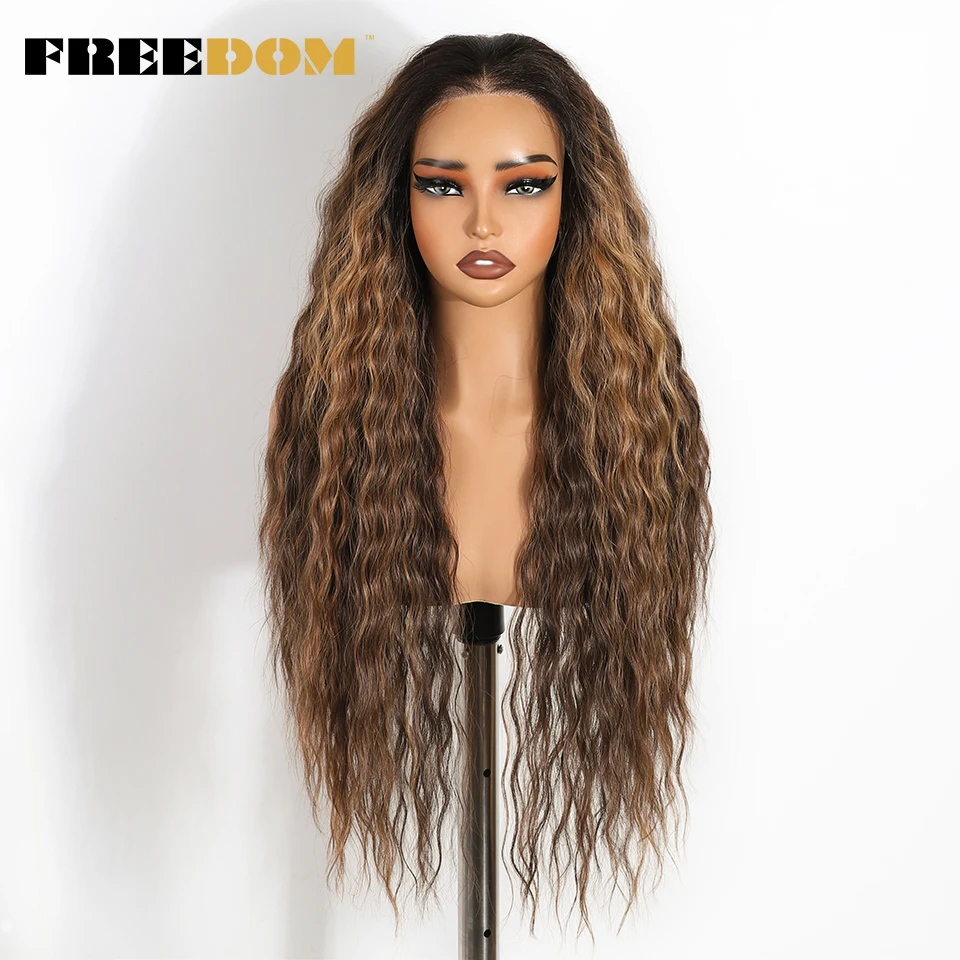 VRIJHEID Krullend Synthetische Lace Front Pruiken Voor Zwarte Vrouwen T Deel & 6x4 Pre Geplukt Wear and Go lijmloze Pruik Gember Cosplay Pruiken