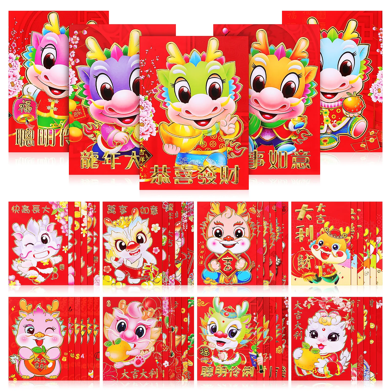 

60Pcs Red Envelopes Chinese New Year Dragon Theme Self-Adhesive Ceremony Packet Creative Holiday Gift for Spring Festival 2024