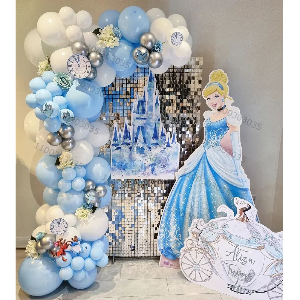 

106pcs Princess Cinderella Balloons Garland Arch Kit Blue White Latex Ball Silver Number Foil Ball Age 1-9 Girls Birthday Decors