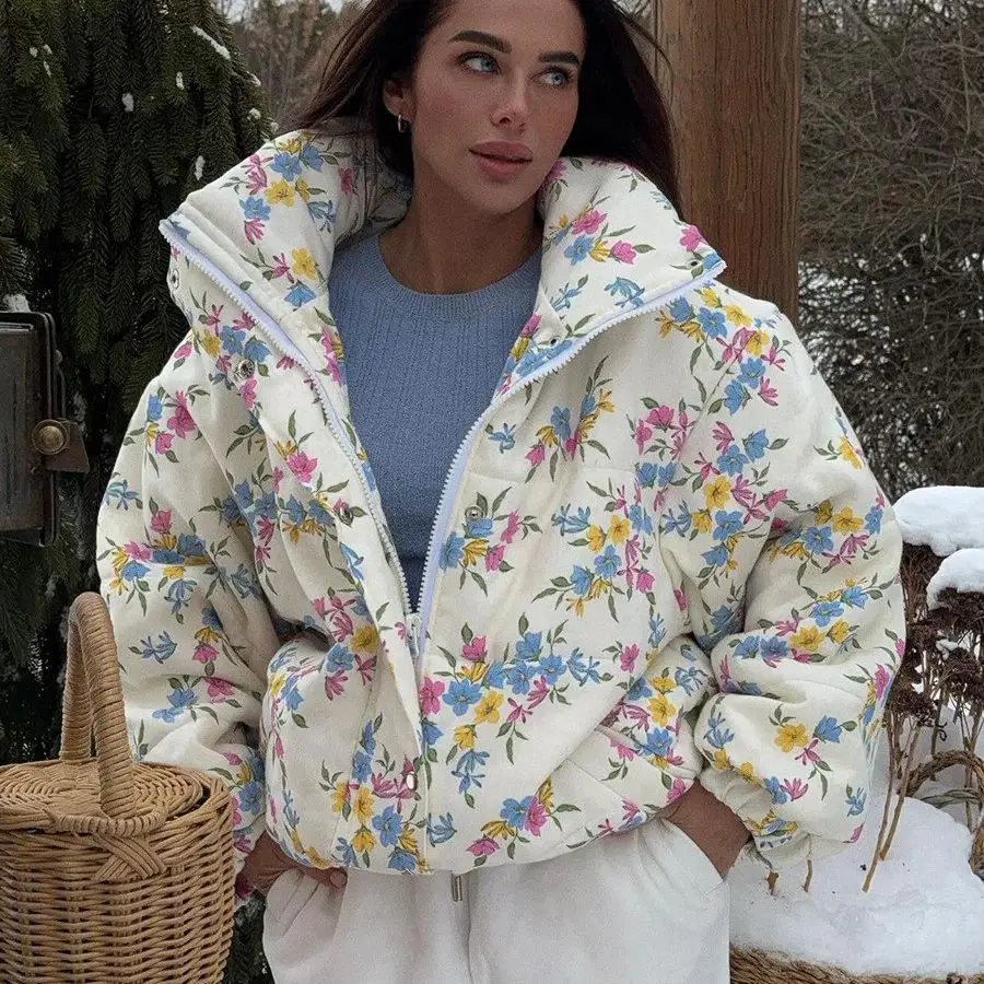 

Wolfeel новая женская куртка-пуховик большого размера с воротником-стойкой и застежкой-молнией с цветочным принтом теплое хлопковое пальто наполнитель осень-зима