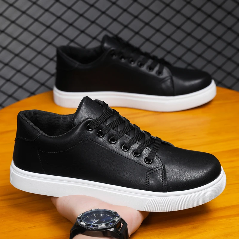 

Trendy Lace-up Walking Shoes Spring Anti-slip Comfortable Vulcanized Shoes Classic Men Leather Shoes Thick-soled Casual Sneakers
