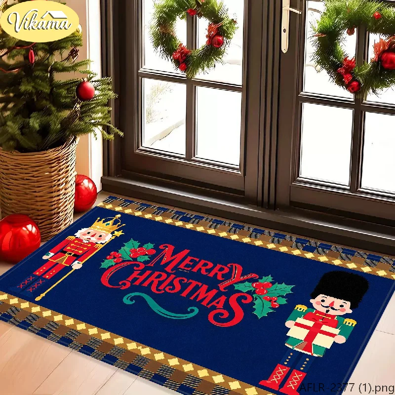 VIKAMA Golden Scroll Nutcracker Doormat Bell Poinsettia Gift Skid Resistant Xmas Entry Floor Rug Seasonal Xmas Decor Soft Plush