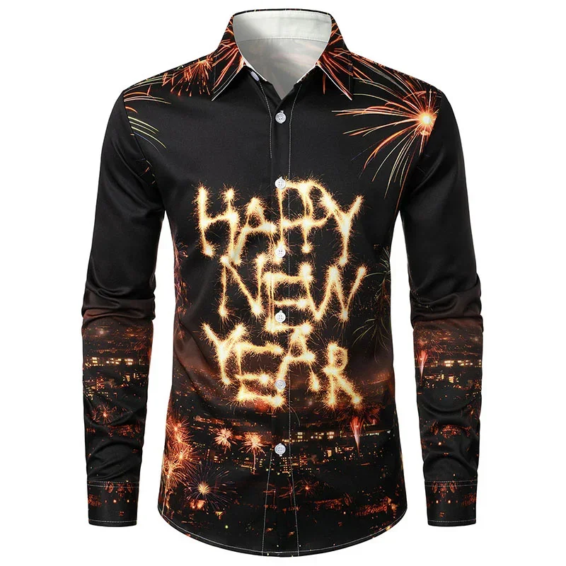 2025 Feliz Año Nuevo gráfico camisas de manga larga para hombres ropa de invierno Hip Hop camisa Unisex Santa Claus botón hombre Navidad Tops