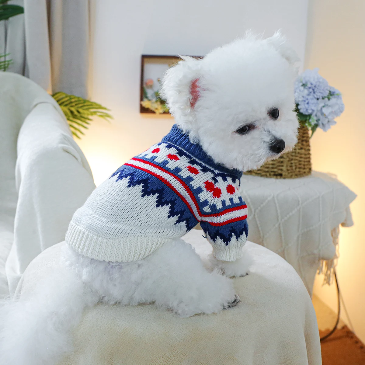 1PC pet clothing Fer Island blue sweater spring and autumn pullover knitted sweater suitable for small and medium-sized dogs